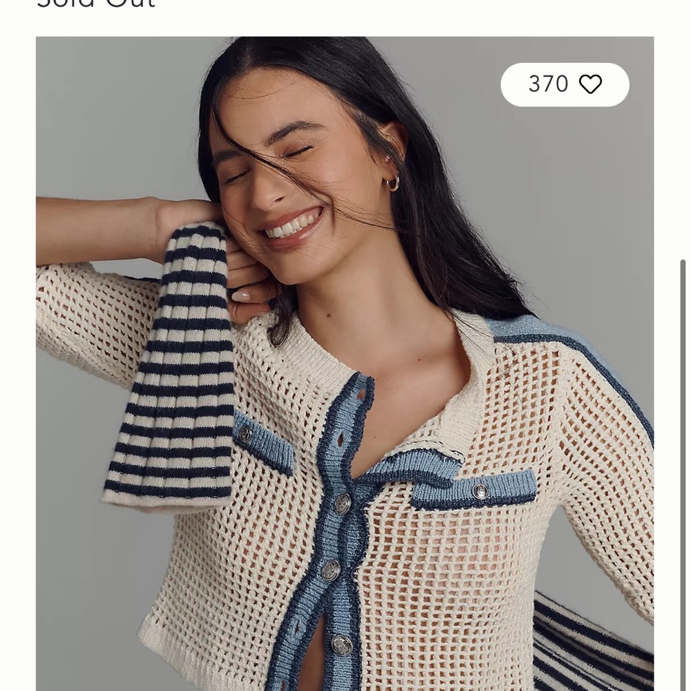 Central Park West Cream Open-Weave Cardigan with Blue Trim